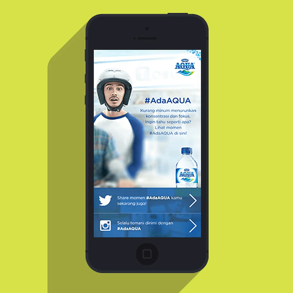 The #AdaAQUA campaign site on a phone, on a lime ground.