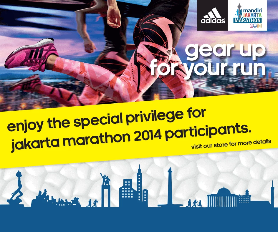 A “gear up for your run” Jakarta Marathon 2014 privilege post with a city skyline.
