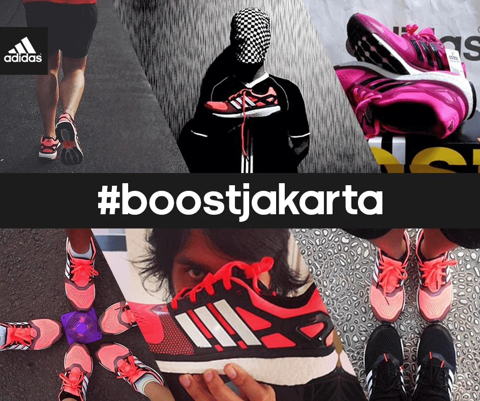 A #boostjakarta collage of running shoes and legs.