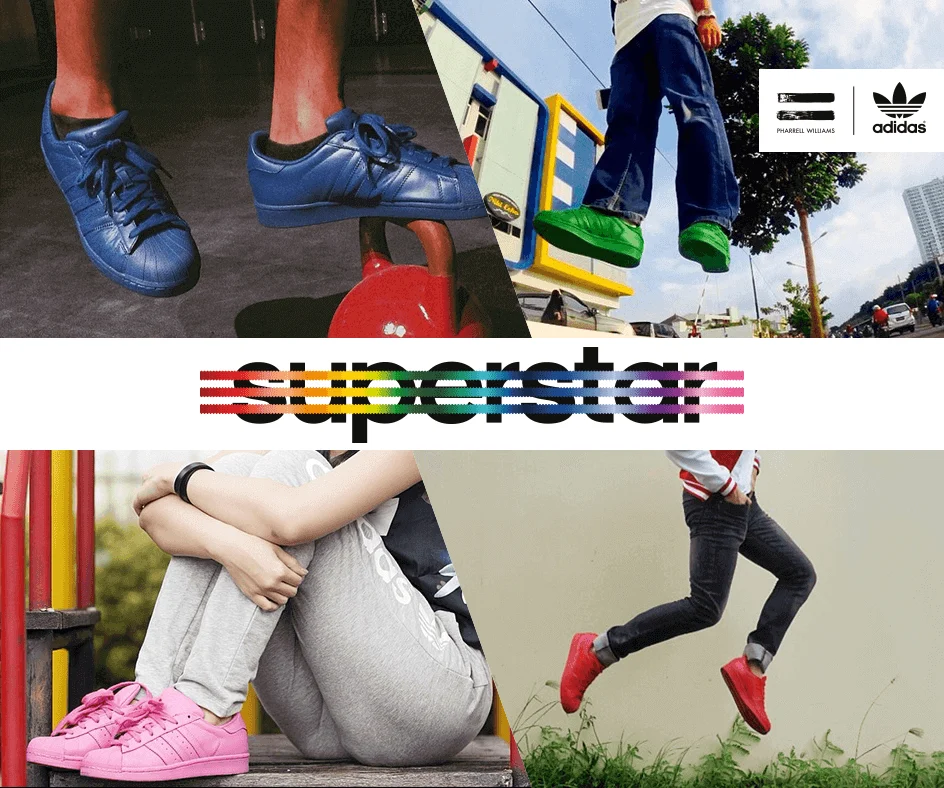 A Superstar collage of sneakers on a white band.