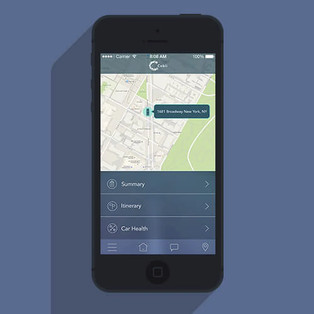 The Cobli app's trip map and summary screen on a phone.