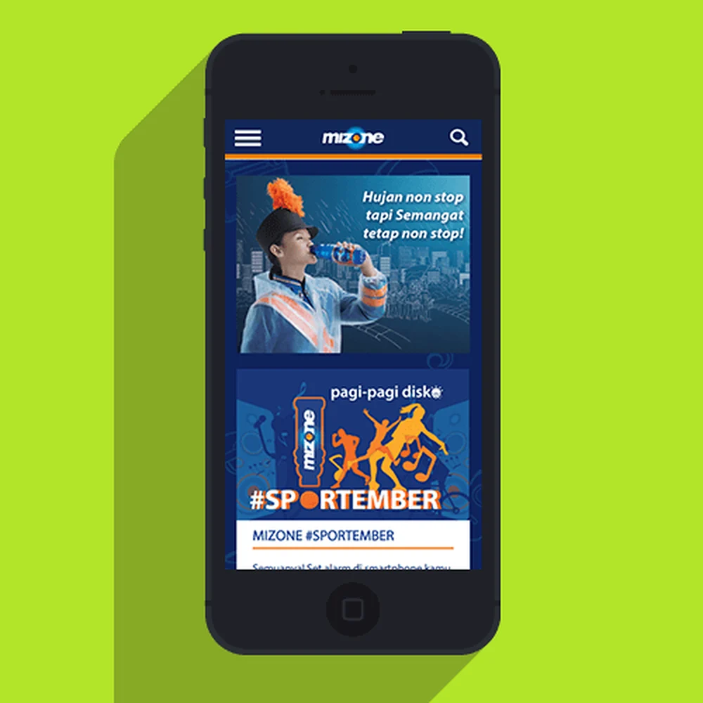 The Mizone portal on a phone, on a lime ground.