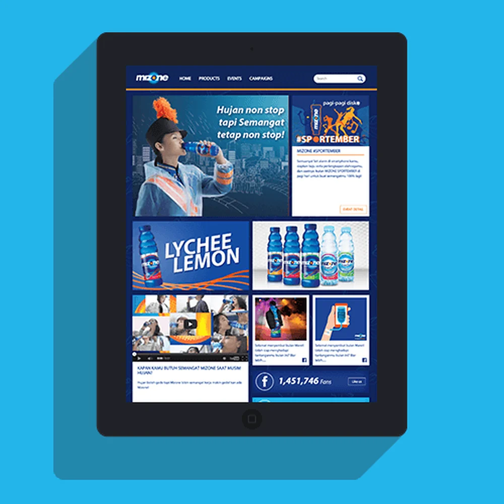 The Mizone portal on a tablet, on a blue ground.