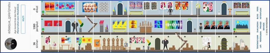 The full illustrated strip that the Instagram grid posts add up to: a long row of shelves and figures.